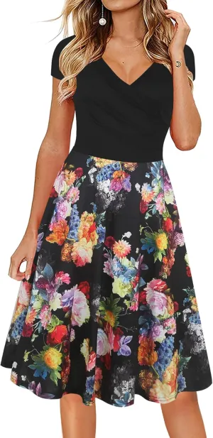 oxiuly Women's Casual Dresses Criss-Cross V-Neck Floral Flare Midi Summer Dress OX233