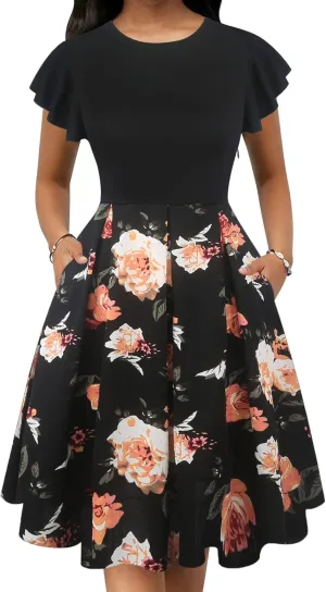 oxiuly Women's Flounce Sleeve Wedding Church Vintage Dresses Casual Floral Party Cocktail Work Dress with Pockets Fei376