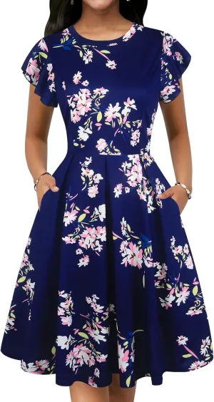 oxiuly Women's Flounce Sleeve Wedding Church Vintage Dresses Casual Floral Party Cocktail Work Dress with Pockets Fei376