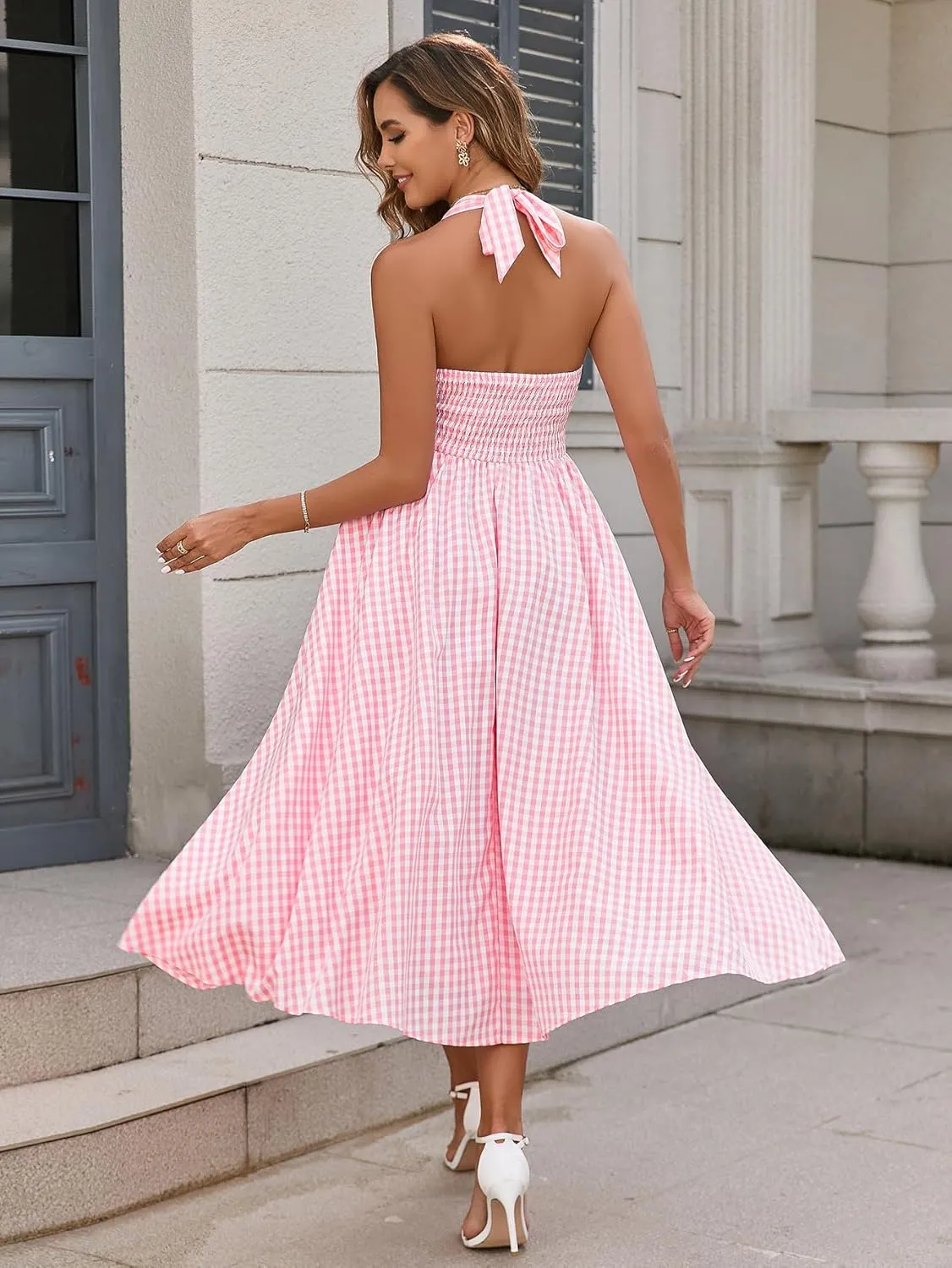 Parthea Women's Plaid Back Smocked Maxi Dress Sexy V Neck Elegant Flowy Swing Long Dress