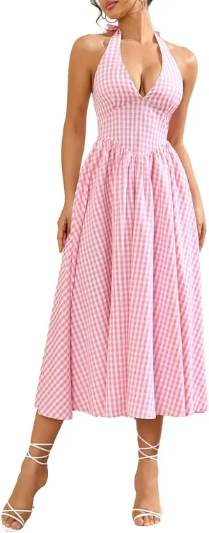 Parthea Women's Plaid Back Smocked Maxi Dress Sexy V Neck Elegant Flowy Swing Long Dress