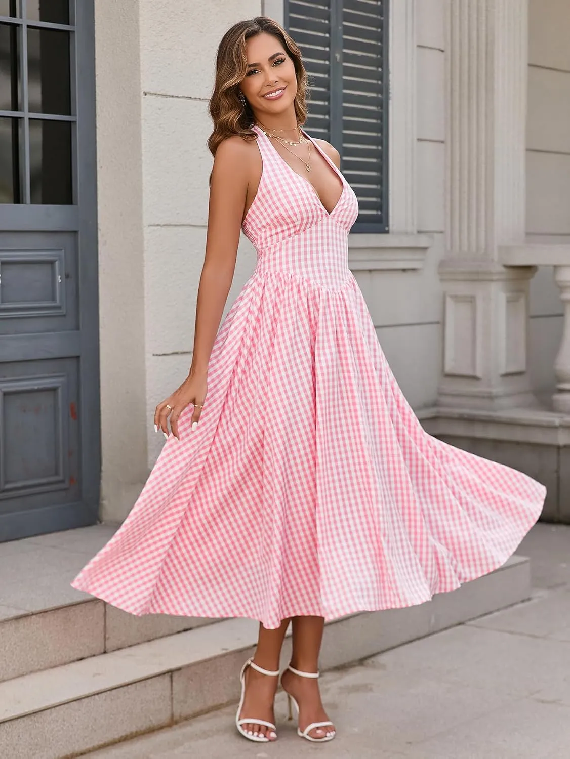 Parthea Women's Plaid Back Smocked Maxi Dress Sexy V Neck Elegant Flowy Swing Long Dress
