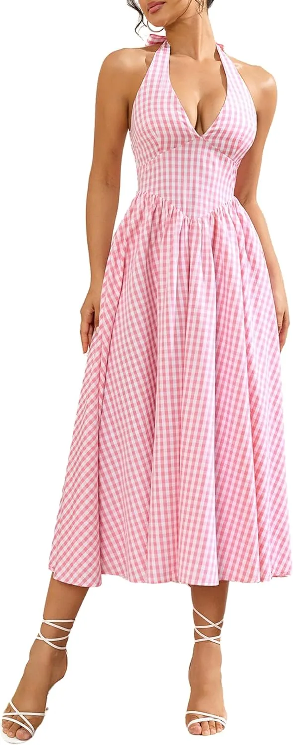 Parthea Women's Plaid Back Smocked Maxi Dress Sexy V Neck Elegant Flowy Swing Long Dress