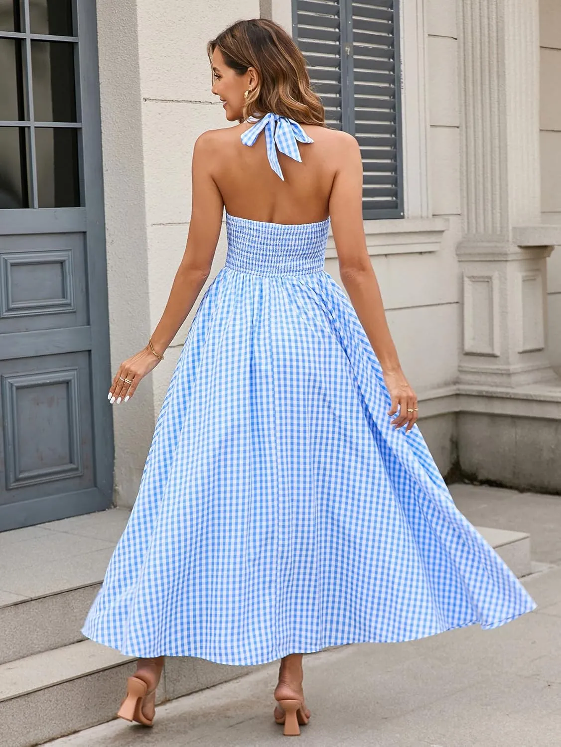 Parthea Women's Plaid Back Smocked Maxi Dress Sexy V Neck Elegant Flowy Swing Long Dress