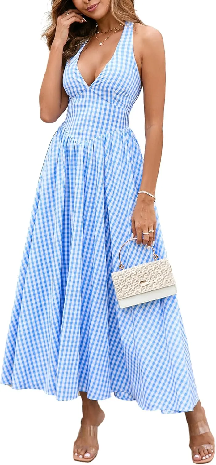 Parthea Women's Plaid Back Smocked Maxi Dress Sexy V Neck Elegant Flowy Swing Long Dress