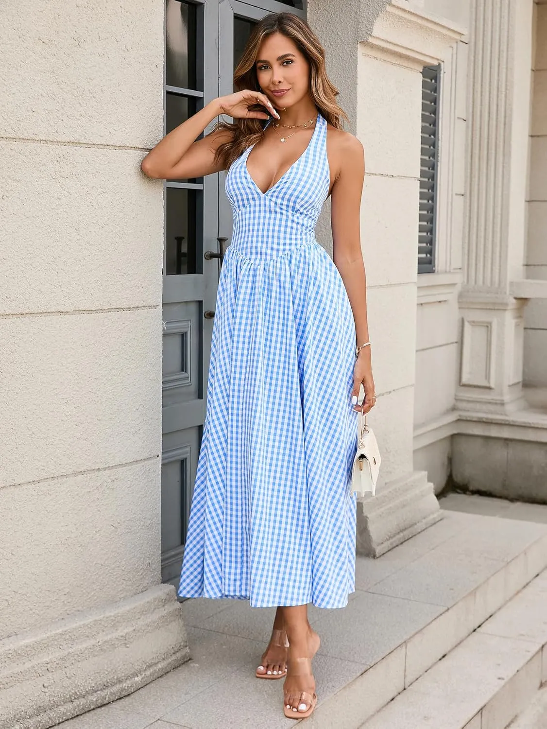Parthea Women's Plaid Back Smocked Maxi Dress Sexy V Neck Elegant Flowy Swing Long Dress