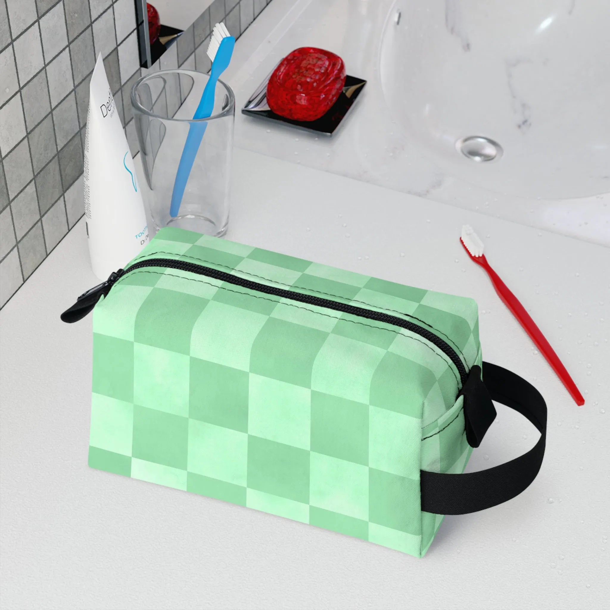 Pastel Checkers Toiletry Bag - Water-Resistant & Chic Cosmetic Organizer - Lightweight Travel Pouch - Elegant Bathroom Accessory