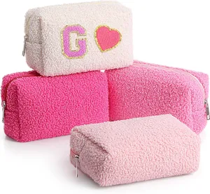 Paterr 4 Pcs Fuzzy Makeup Bag Set Bridesmaid Gift Plush Cosmetic Sherpa Pouch Zipper Travel Toiletry Bag for for Wedding Party Favors Bachelorette Party for Women(White Pink Colors)