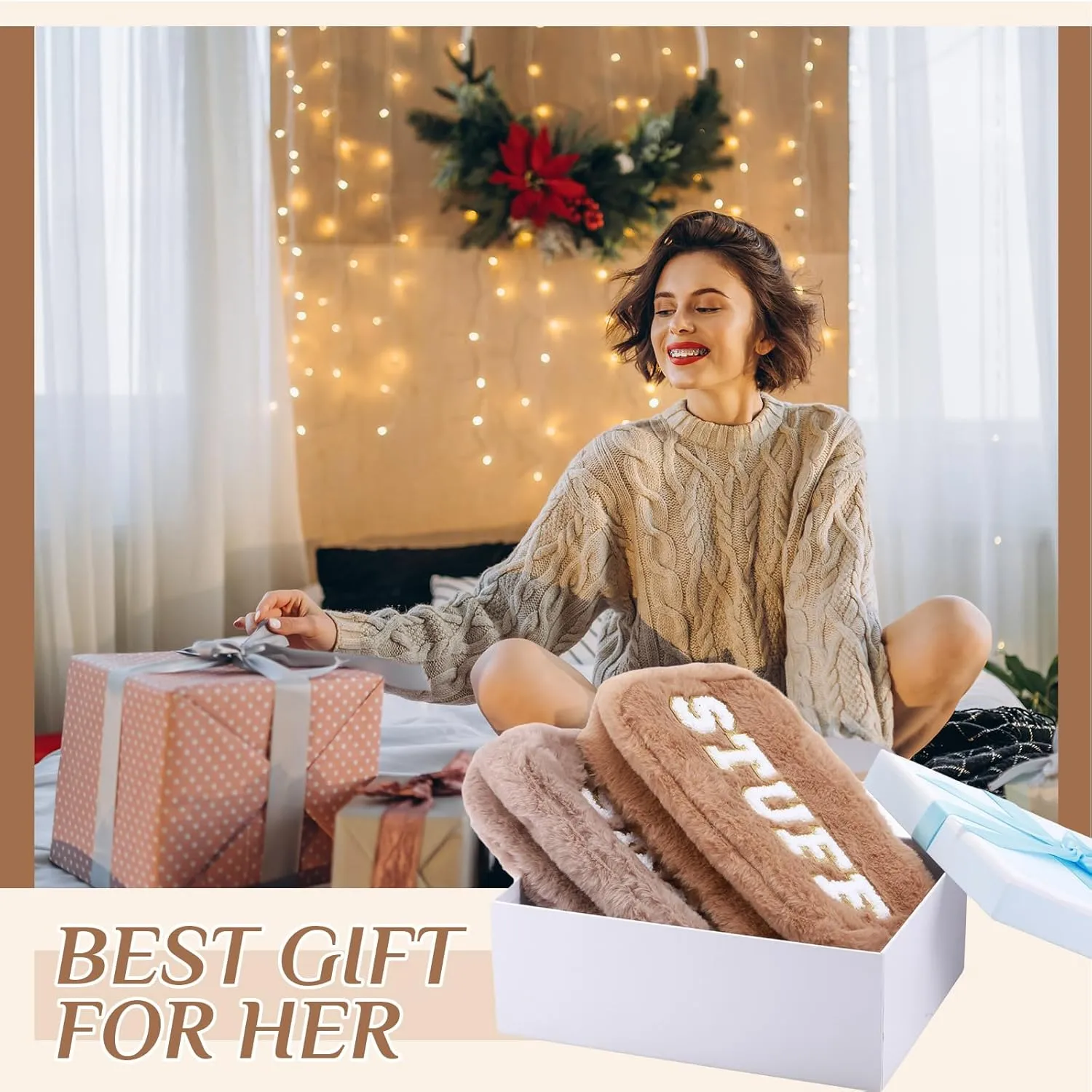 Paterr 4 Pieces Chenille Letter Preppy Patches Makeup Bag Plush Fuzzy Cosmetic Hair Skin Face Toiletry Bag Stuff Pouch with Zipper Valentine‘s Day Gifts for Women(Brown)