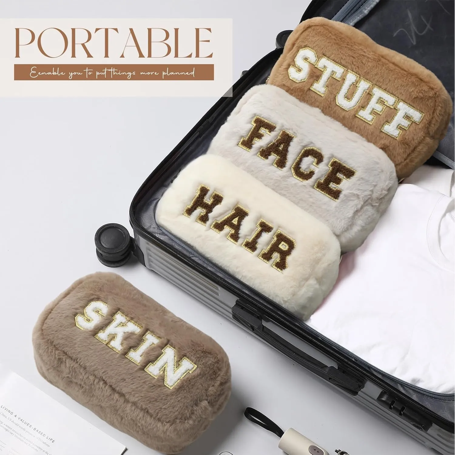 Paterr 4 Pieces Chenille Letter Preppy Patches Makeup Bag Plush Fuzzy Cosmetic Hair Skin Face Toiletry Bag Stuff Pouch with Zipper Valentine‘s Day Gifts for Women(Brown)