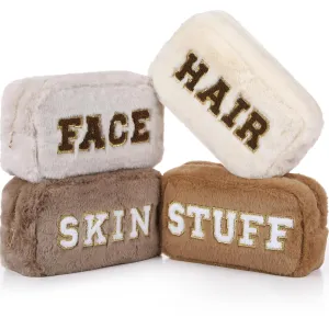 Paterr 4 Pieces Chenille Letter Preppy Patches Makeup Bag Plush Fuzzy Cosmetic Hair Skin Face Toiletry Bag Stuff Pouch with Zipper Valentine‘s Day Gifts for Women(Brown)