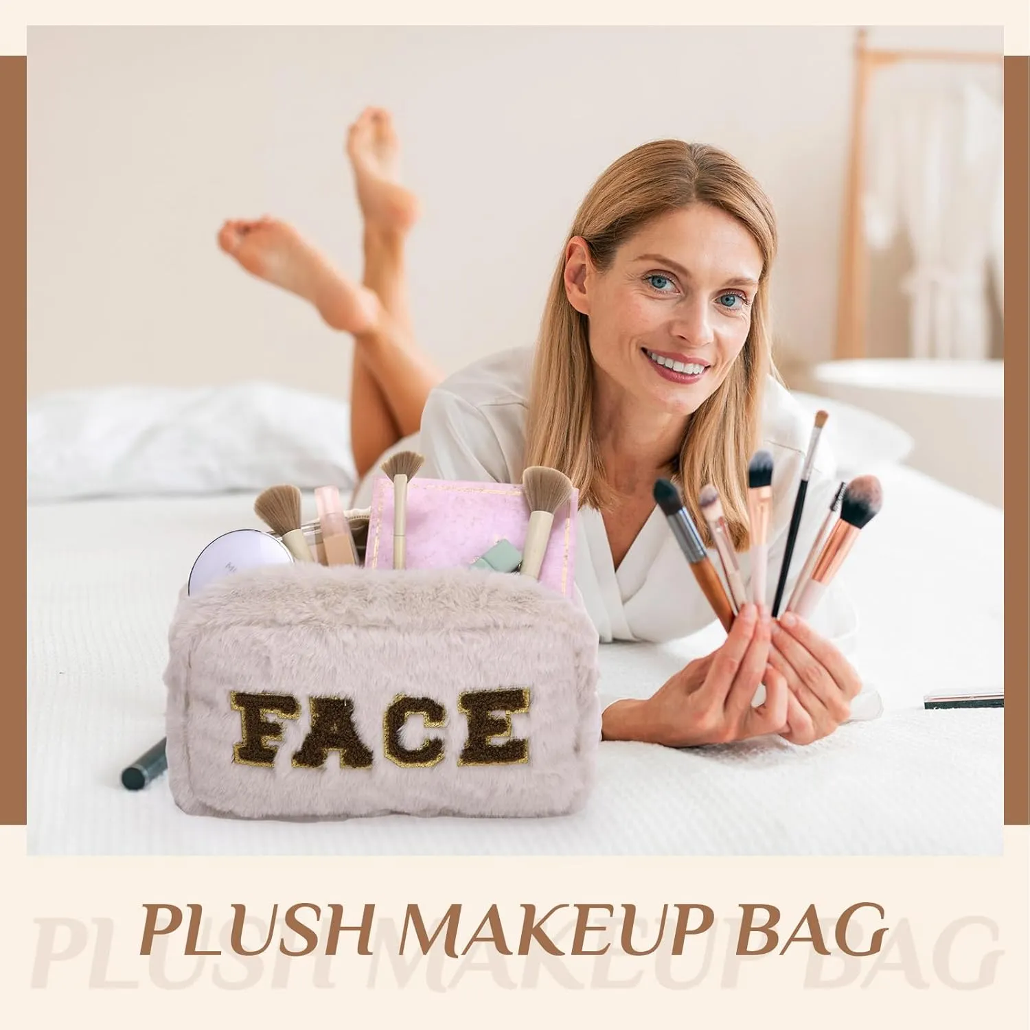 Paterr 4 Pieces Chenille Letter Preppy Patches Makeup Bag Plush Fuzzy Cosmetic Hair Skin Face Toiletry Bag Stuff Pouch with Zipper Valentine‘s Day Gifts for Women(Brown)