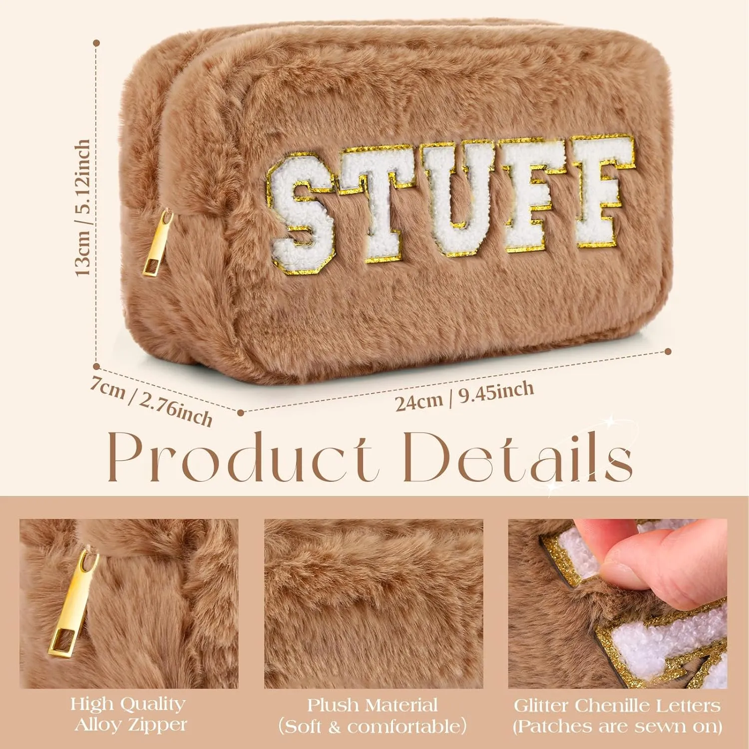 Paterr 4 Pieces Chenille Letter Preppy Patches Makeup Bag Plush Fuzzy Cosmetic Hair Skin Face Toiletry Bag Stuff Pouch with Zipper Valentine‘s Day Gifts for Women(Brown)