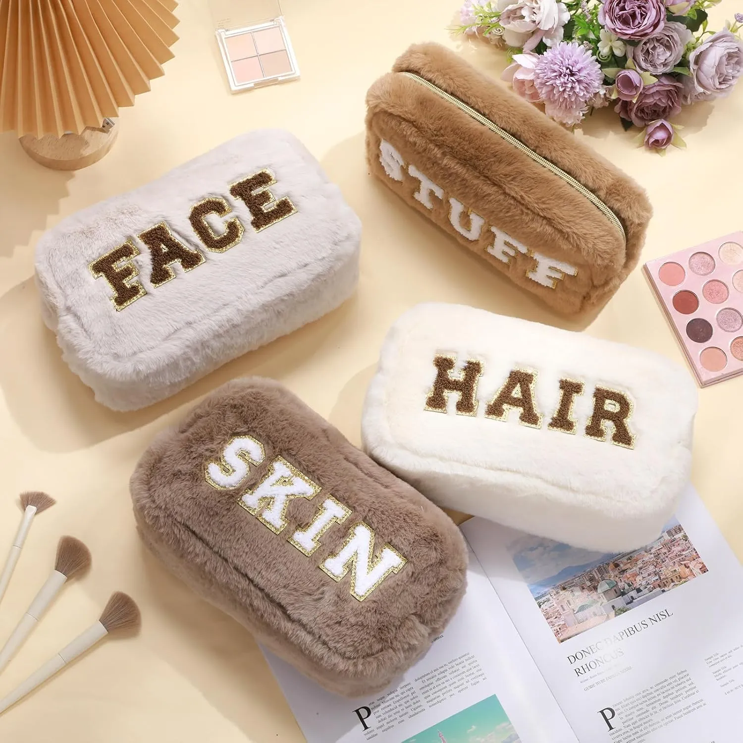 Paterr 4 Pieces Chenille Letter Preppy Patches Makeup Bag Plush Fuzzy Cosmetic Hair Skin Face Toiletry Bag Stuff Pouch with Zipper Valentine‘s Day Gifts for Women(Brown)