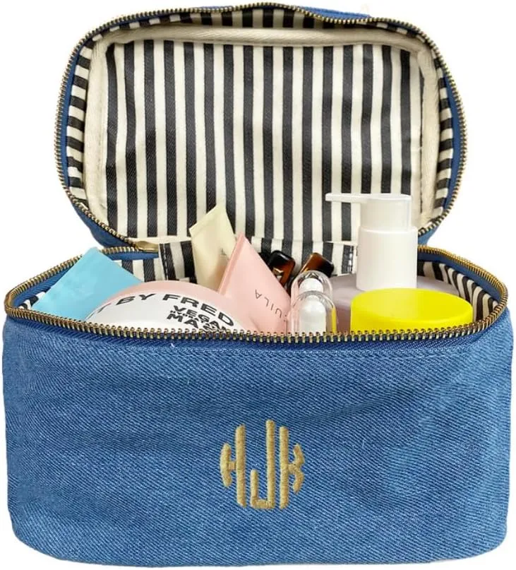 Personalized Makeup Bag for Women | Cosmetic Bag Organizer for Girls with Monogramming | Makeup Pouch for Traveling | Toiletry Bags for Women | Make Up Travel Pouches | Denim