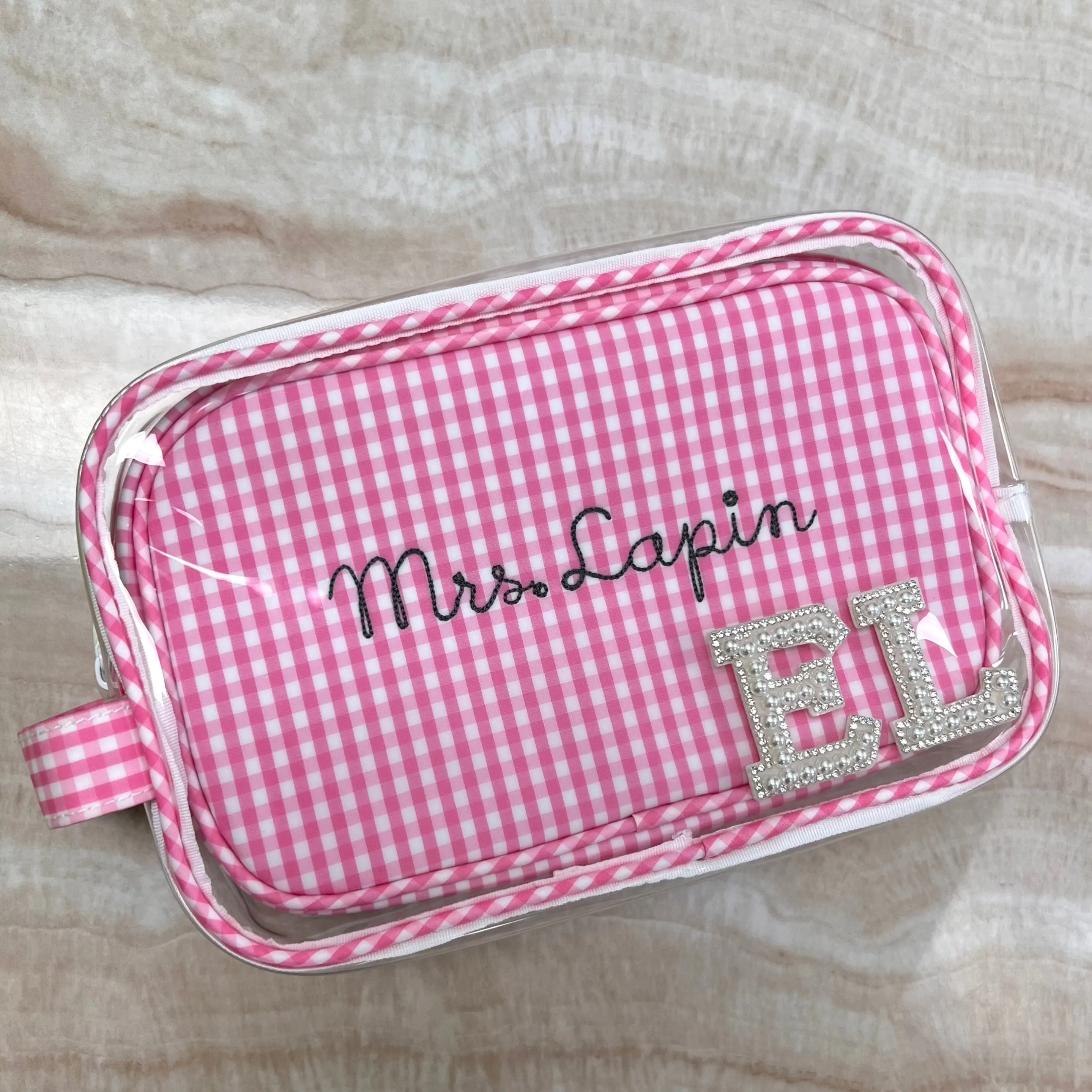Personalized Pink Gingham Clear Duo Pouch