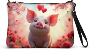 Pig Love Crossbody Purse, Pretty Piggy Wristlet, Adorable Piglet Faux Leather Shoulder Bag, Cute Animal Art Fashion Accessory