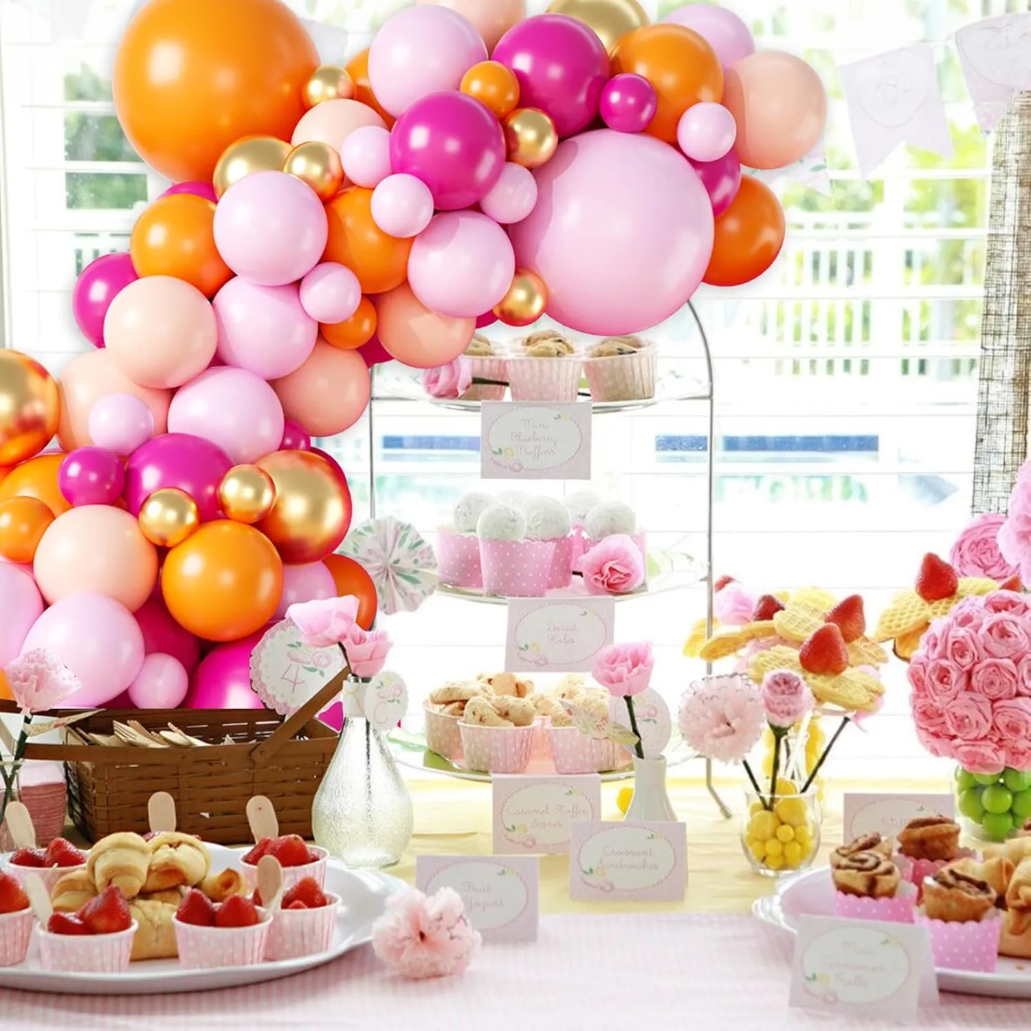 Pink and Orange Balloon Arch Garland Kit, Hot Pink Orange Gold Metallic Pastel Pink Balloon Arch Kit Latex Party Balloons for Birthday Baby Shower Tropical Party Supplies Party Decorations