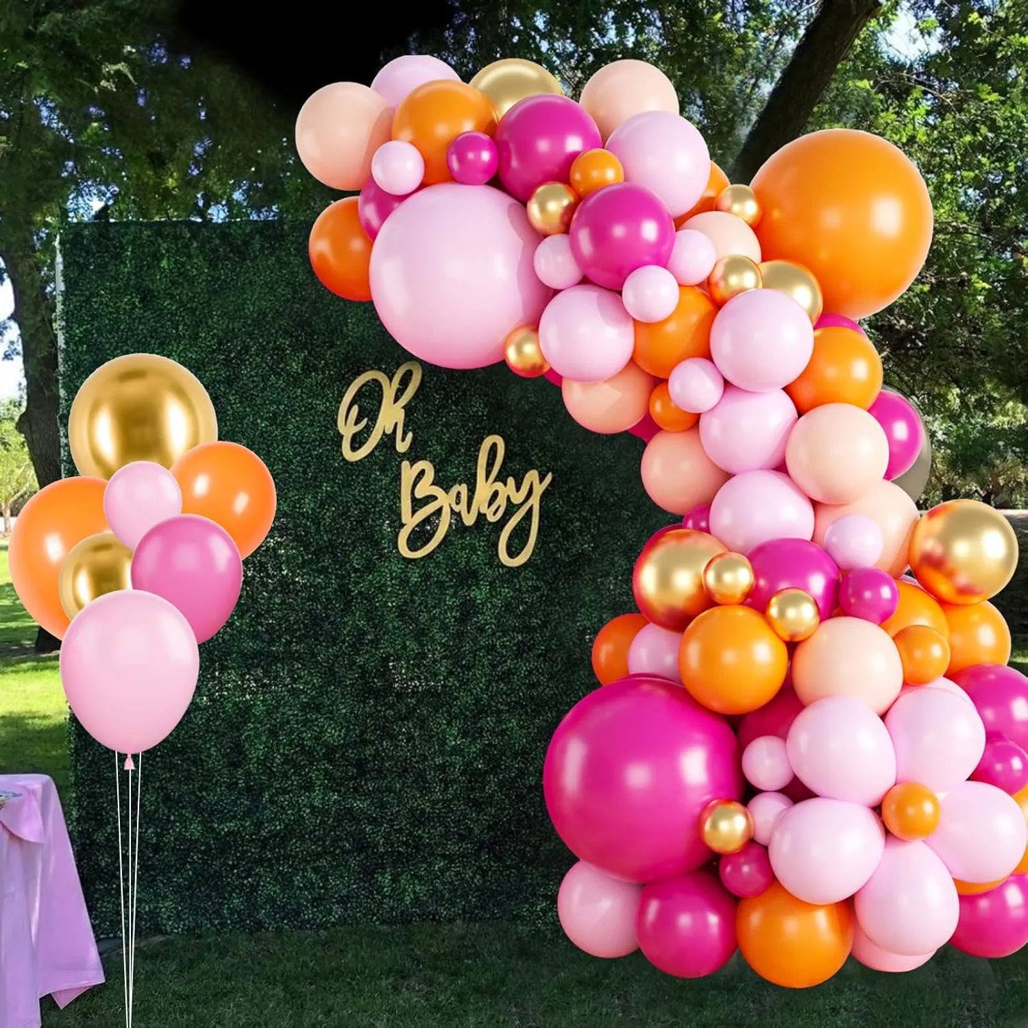 Pink and Orange Balloon Arch Garland Kit, Hot Pink Orange Gold Metallic Pastel Pink Balloon Arch Kit Latex Party Balloons for Birthday Baby Shower Tropical Party Supplies Party Decorations