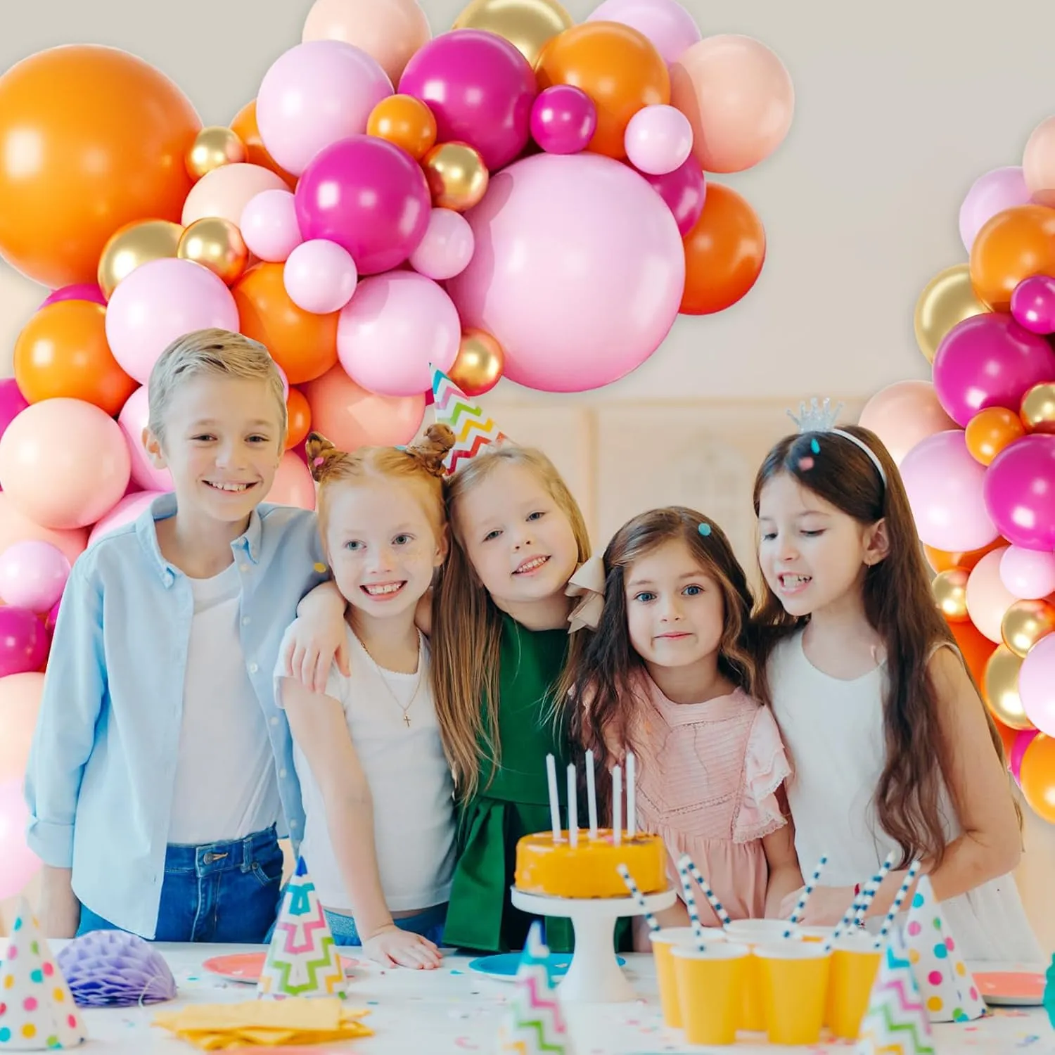 Pink and Orange Balloon Arch Garland Kit, Hot Pink Orange Gold Metallic Pastel Pink Balloon Arch Kit Latex Party Balloons for Birthday Baby Shower Tropical Party Supplies Party Decorations