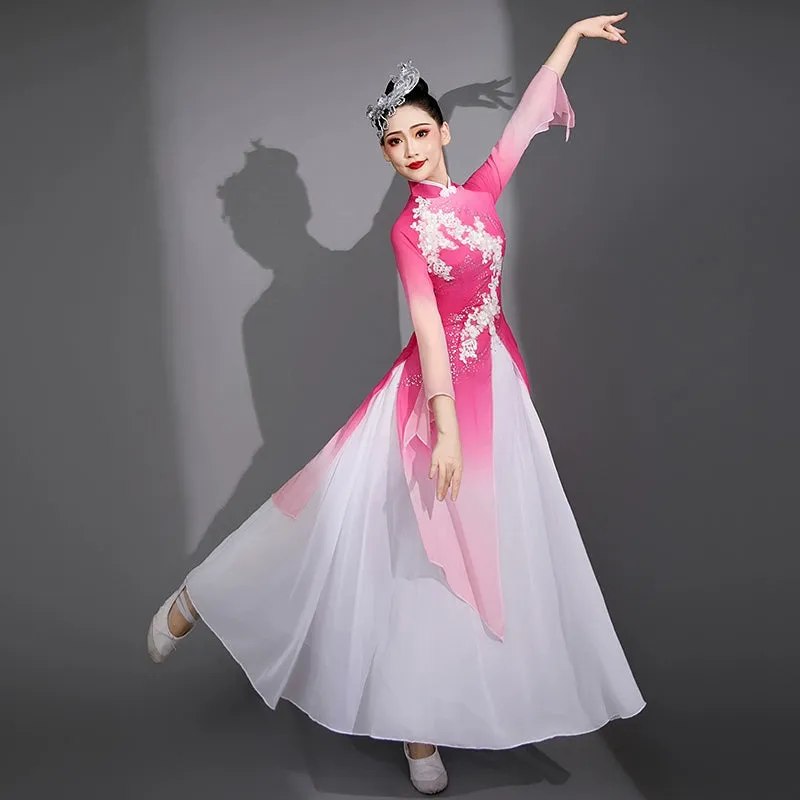 Pink Chinese folk Classical dance costumes Female elegant hanfu Jiangnan solo Fan Umbrella yangge dance performance fairy dress