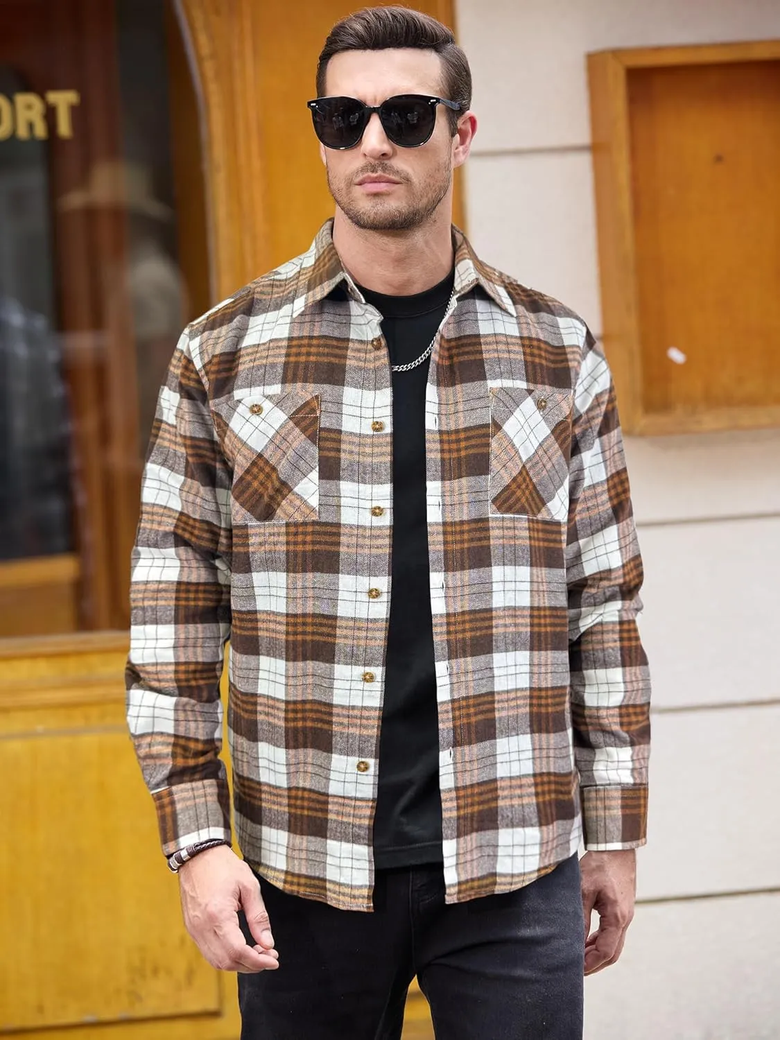 PLEPAN Mens Flannel Shirts Long Sleeve Regular Fit Lightweight Plaid Button Down Casual Shirt with Pockets