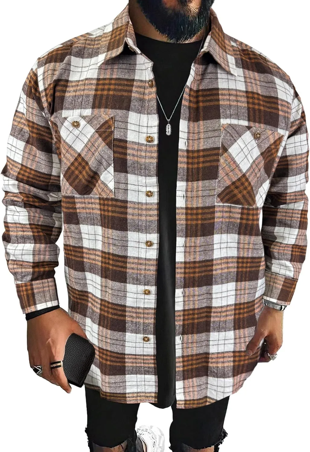 PLEPAN Mens Flannel Shirts Long Sleeve Regular Fit Lightweight Plaid Button Down Casual Shirt with Pockets