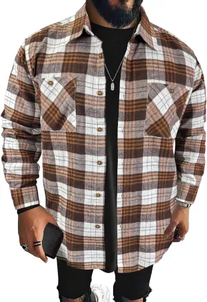 PLEPAN Mens Flannel Shirts Long Sleeve Regular Fit Lightweight Plaid Button Down Casual Shirt with Pockets