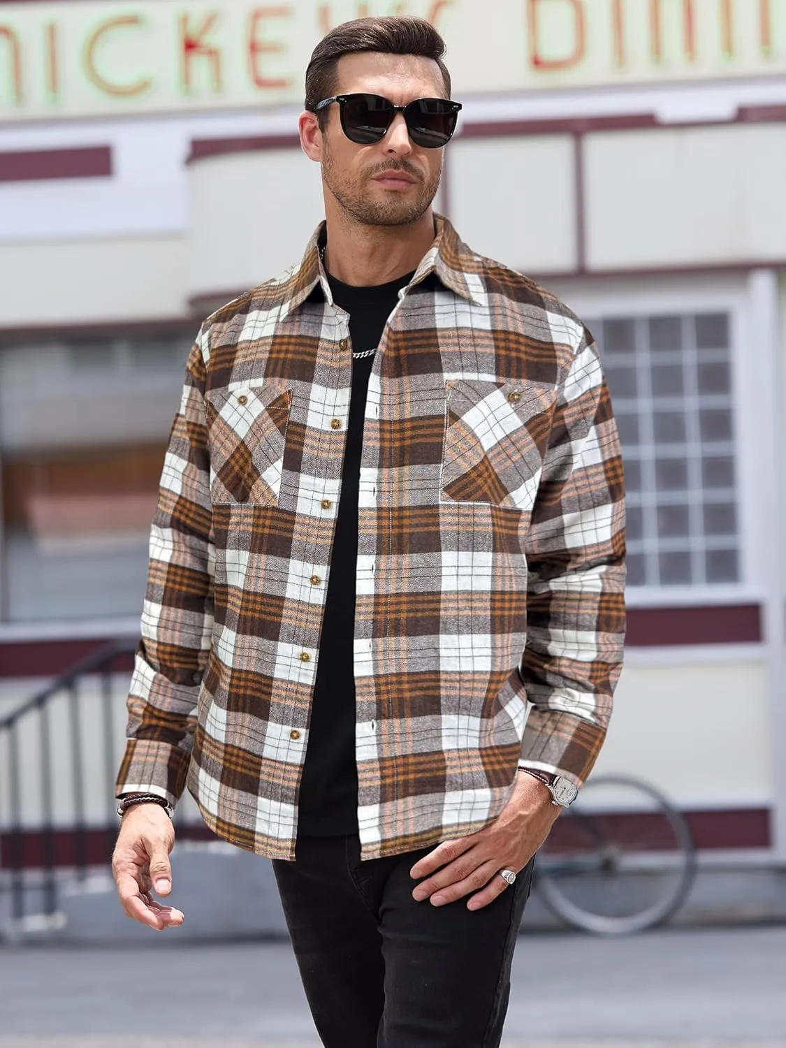 PLEPAN Mens Flannel Shirts Long Sleeve Regular Fit Lightweight Plaid Button Down Casual Shirt with Pockets