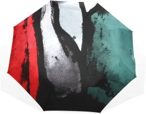Poeticcity Retro Abstract Paint Red Black White Green Pattern Travel Umbrella, Hand Open Close Windproof Waterproof Folding Umbrella, Black Tape Compact Canopy Strong Anti UV Ray Parasol