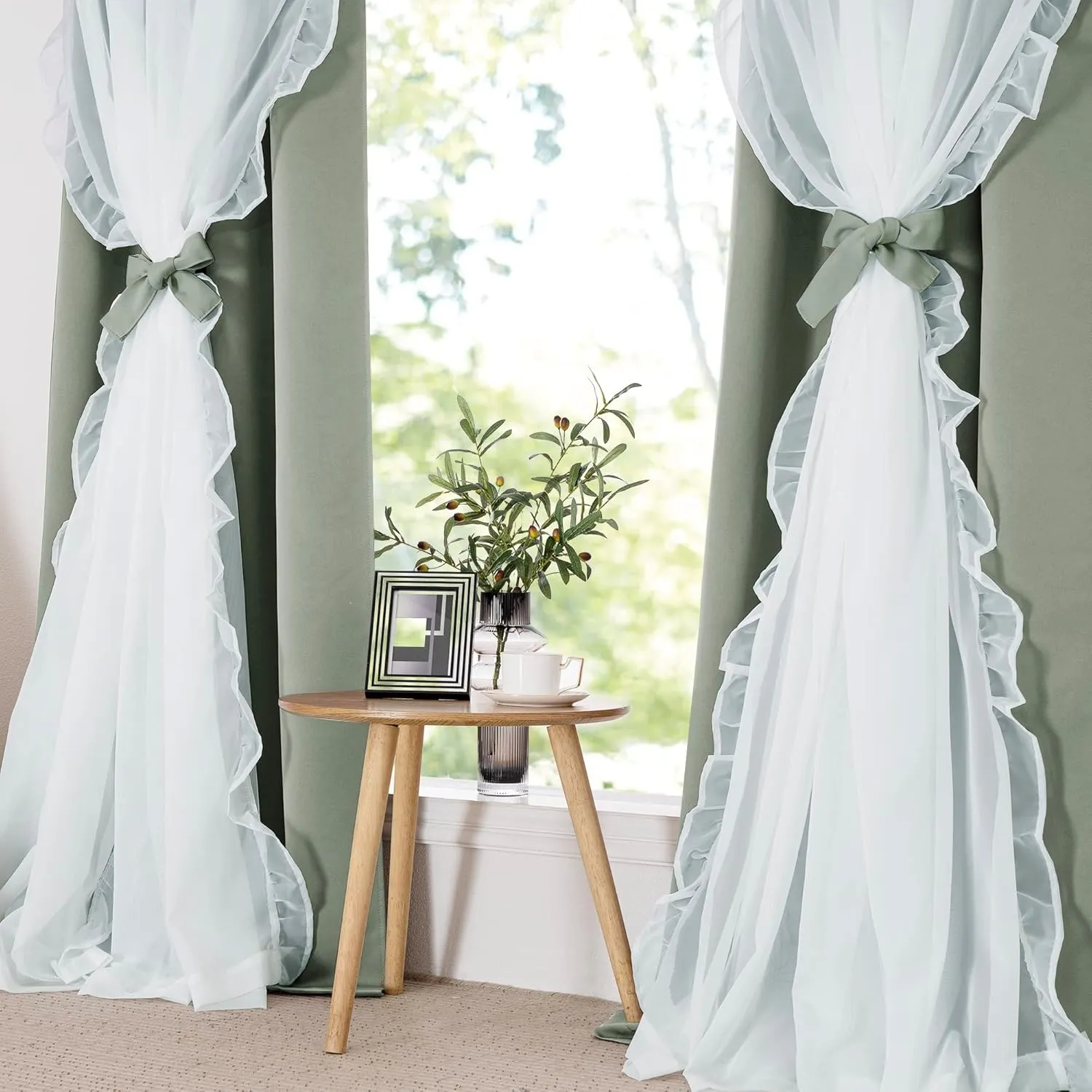 PONY DANCE Blackout Curtains for Living Room Decor Window Treatment Double Layer Drapes Ruffle Sheer Overlay Farmhouse Rustic Design, W 52 x L 84 Inches, Sage Green, 2 Panels