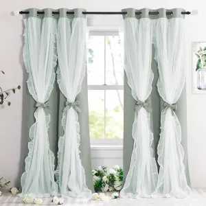 PONY DANCE Blackout Curtains for Living Room Decor Window Treatment Double Layer Drapes Ruffle Sheer Overlay Farmhouse Rustic Design, W 52 x L 84 Inches, Sage Green, 2 Panels