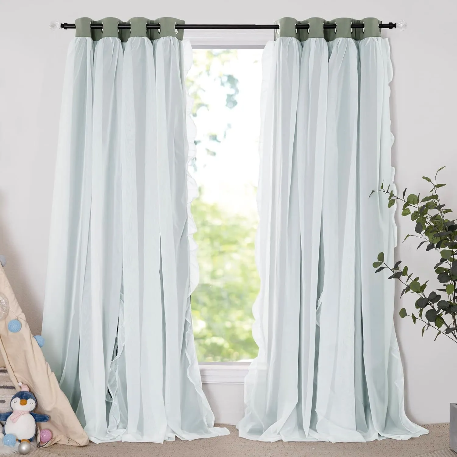 PONY DANCE Blackout Curtains for Living Room Decor Window Treatment Double Layer Drapes Ruffle Sheer Overlay Farmhouse Rustic Design, W 52 x L 84 Inches, Sage Green, 2 Panels