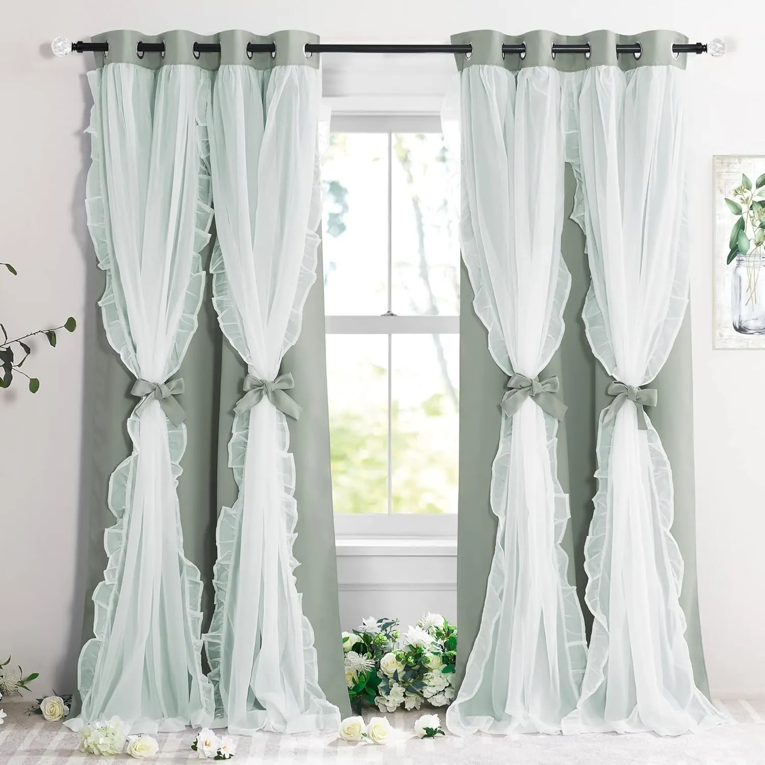 PONY DANCE Blackout Curtains for Living Room Decor Window Treatment Double Layer Drapes Ruffle Sheer Overlay Farmhouse Rustic Design, W 52 x L 84 Inches, Sage Green, 2 Panels