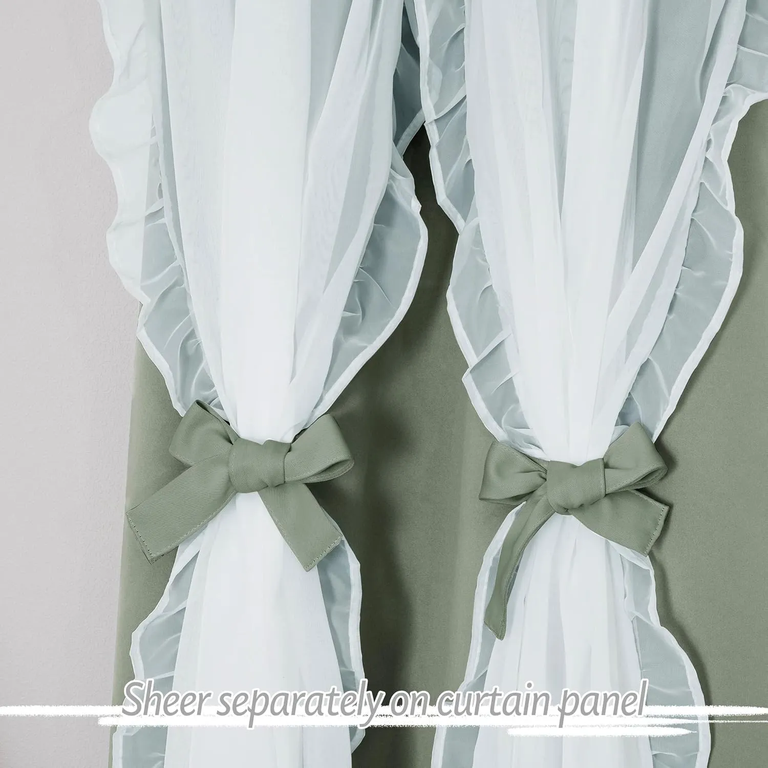PONY DANCE Blackout Curtains for Living Room Decor Window Treatment Double Layer Drapes Ruffle Sheer Overlay Farmhouse Rustic Design, W 52 x L 84 Inches, Sage Green, 2 Panels