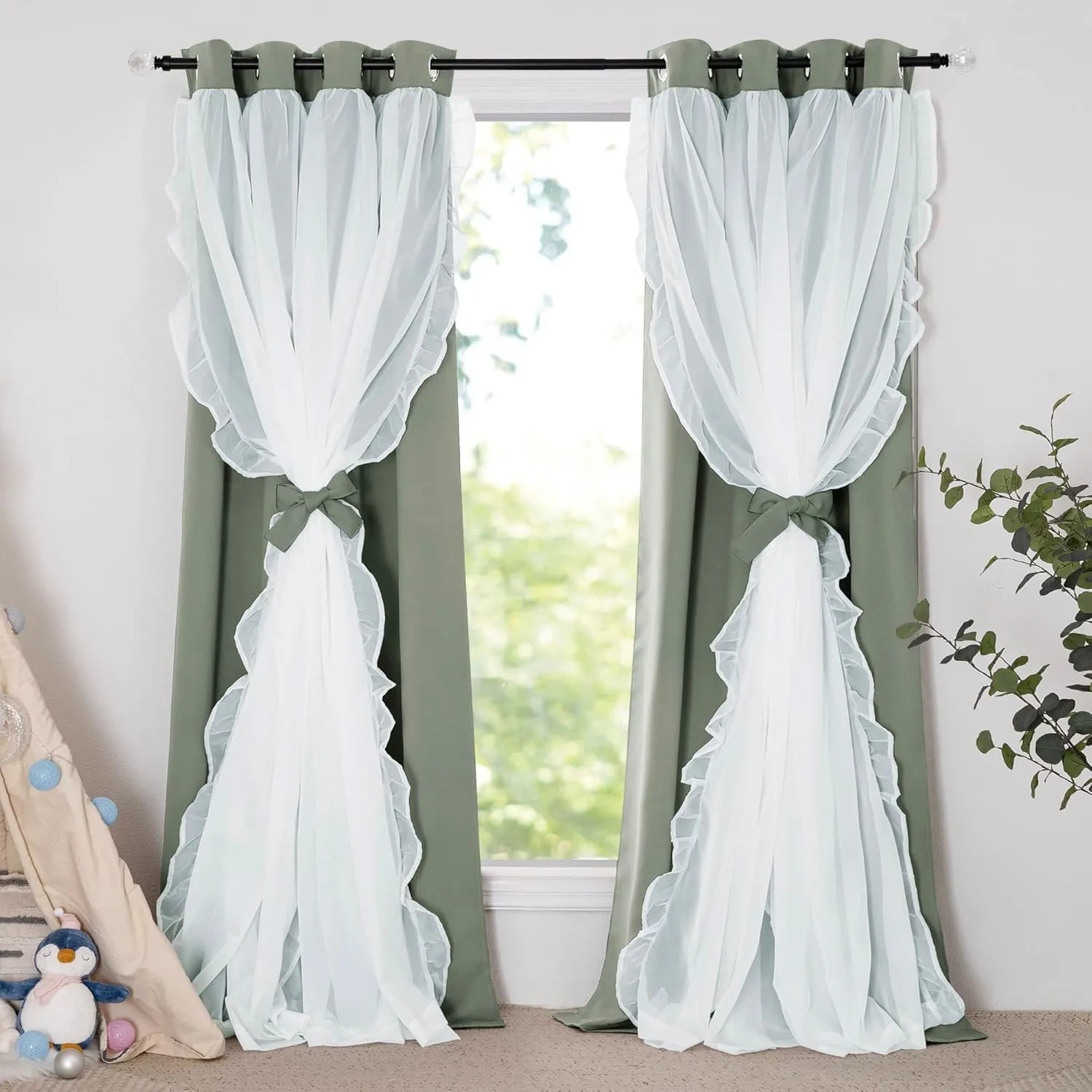 PONY DANCE Blackout Curtains for Living Room Decor Window Treatment Double Layer Drapes Ruffle Sheer Overlay Farmhouse Rustic Design, W 52 x L 84 Inches, Sage Green, 2 Panels