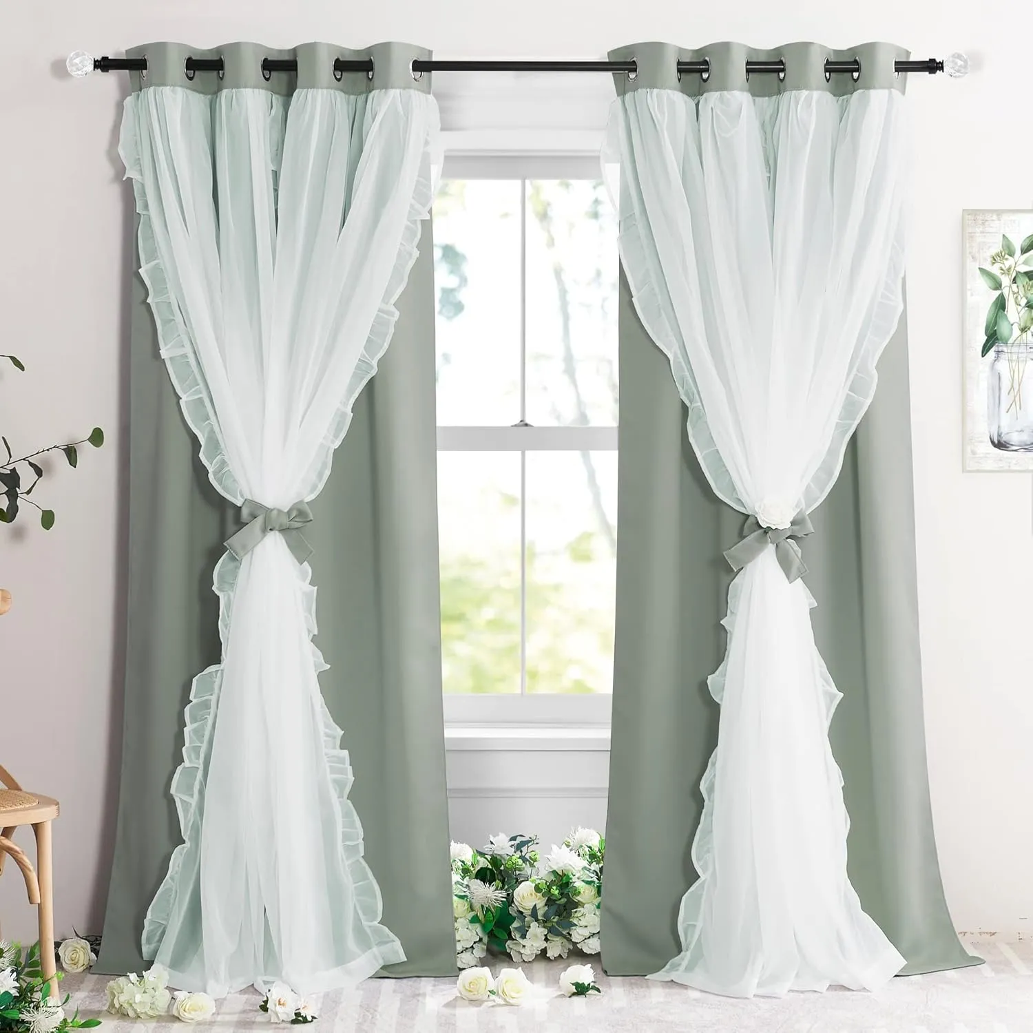 PONY DANCE Blackout Curtains for Living Room Decor Window Treatment Double Layer Drapes Ruffle Sheer Overlay Farmhouse Rustic Design, W 52 x L 84 Inches, Sage Green, 2 Panels