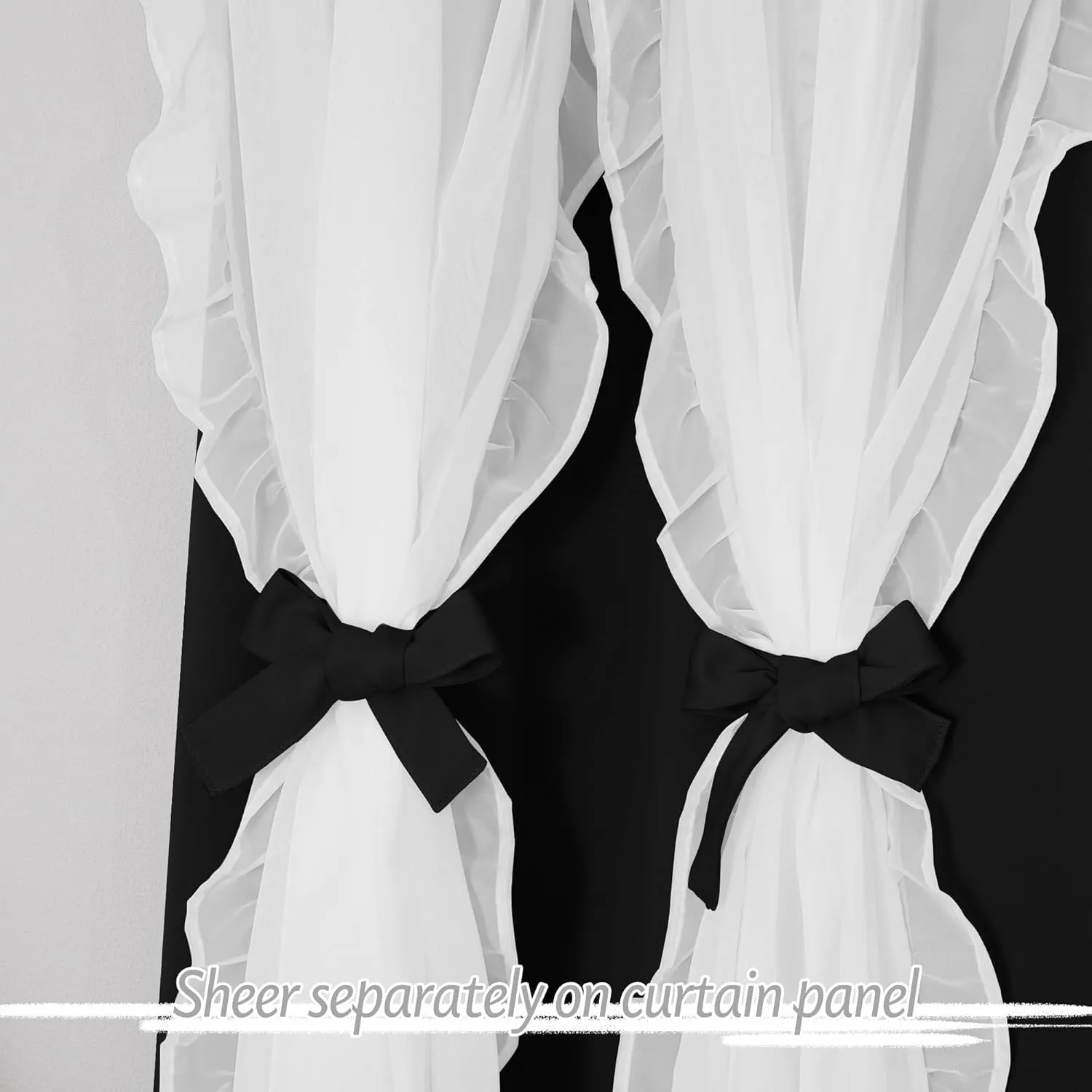 PONY DANCE Girls Curtains for Bedroom Decorative Drapes for Kids Double Layer Curtain Ruffle Sheer Overlay Room Darkening Pretty Chic Princess, 52x84 inch, Black, 2 PCs