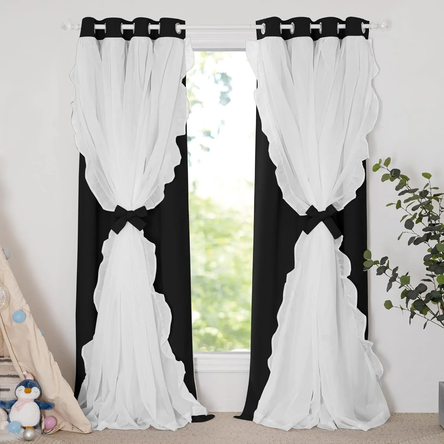 PONY DANCE Girls Curtains for Bedroom Decorative Drapes for Kids Double Layer Curtain Ruffle Sheer Overlay Room Darkening Pretty Chic Princess, 52x84 inch, Black, 2 PCs