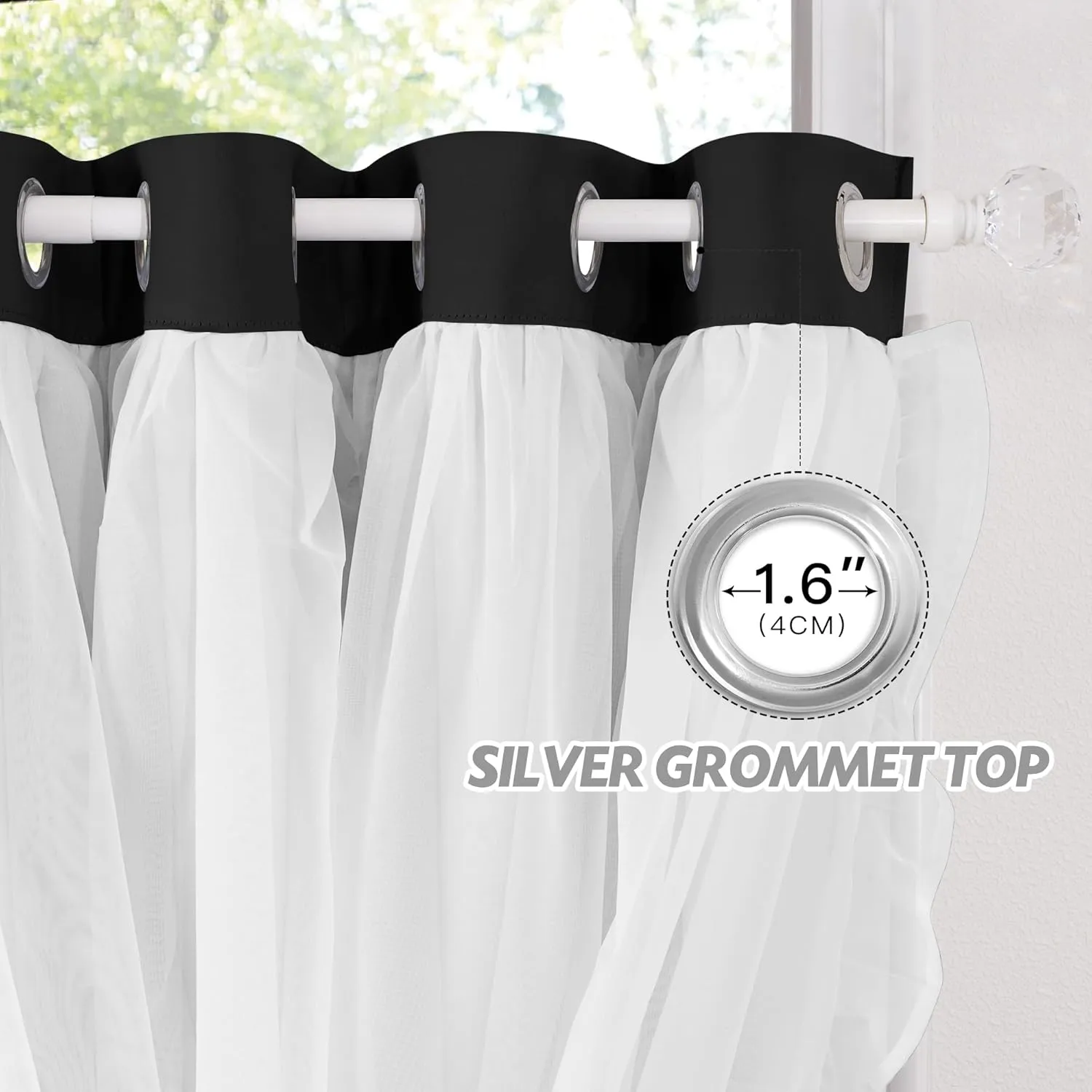 PONY DANCE Girls Curtains for Bedroom Decorative Drapes for Kids Double Layer Curtain Ruffle Sheer Overlay Room Darkening Pretty Chic Princess, 52x84 inch, Black, 2 PCs