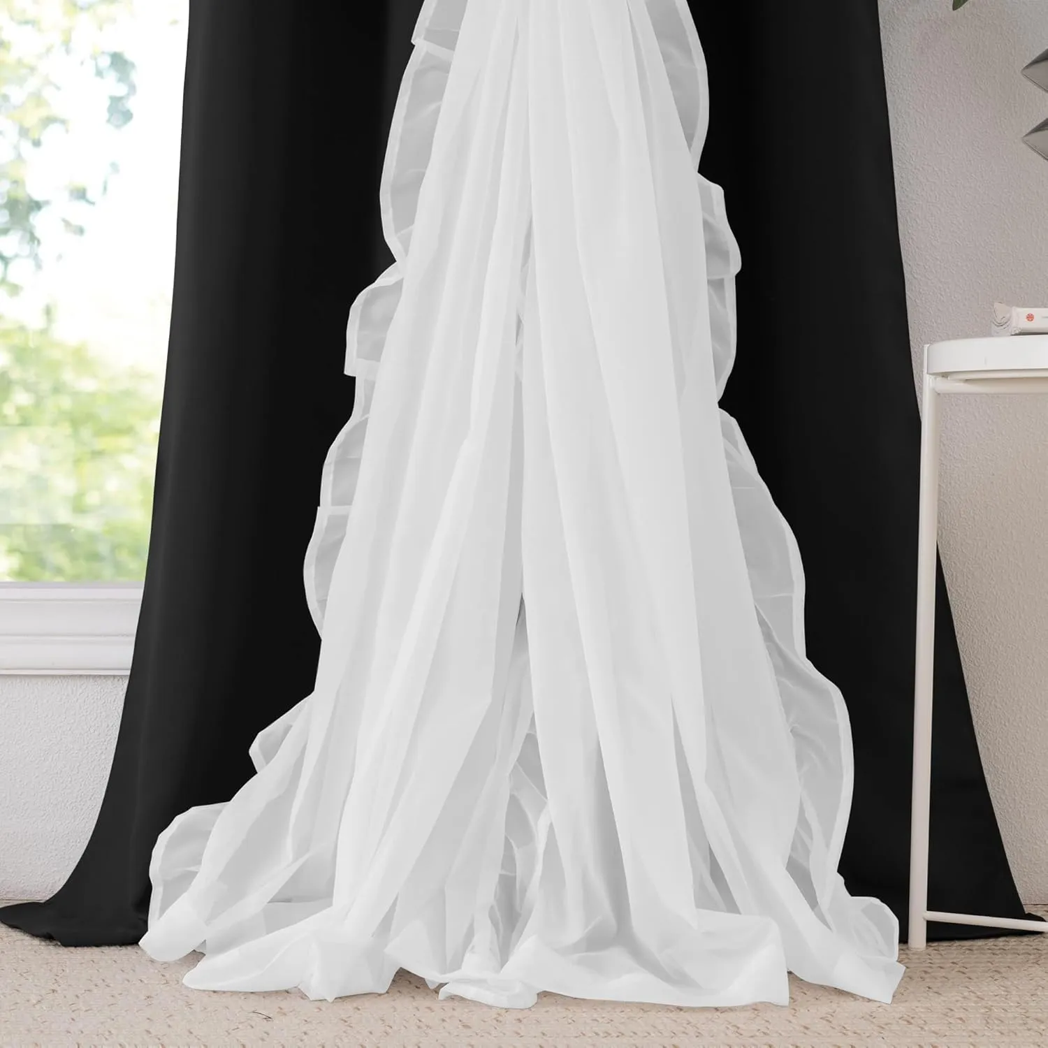 PONY DANCE Girls Curtains for Bedroom Decorative Drapes for Kids Double Layer Curtain Ruffle Sheer Overlay Room Darkening Pretty Chic Princess, 52x84 inch, Black, 2 PCs
