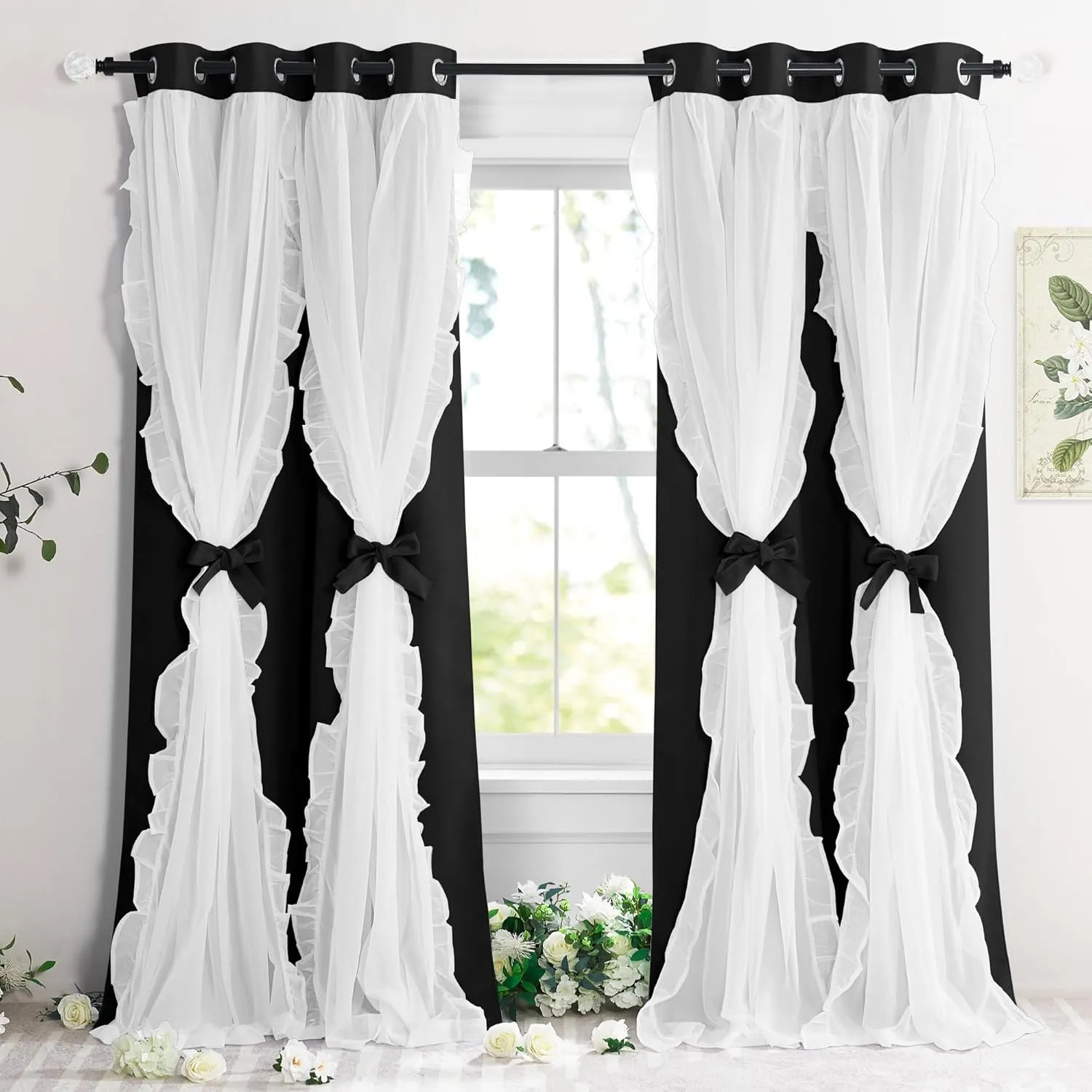 PONY DANCE Girls Curtains for Bedroom Decorative Drapes for Kids Double Layer Curtain Ruffle Sheer Overlay Room Darkening Pretty Chic Princess, 52x84 inch, Black, 2 PCs