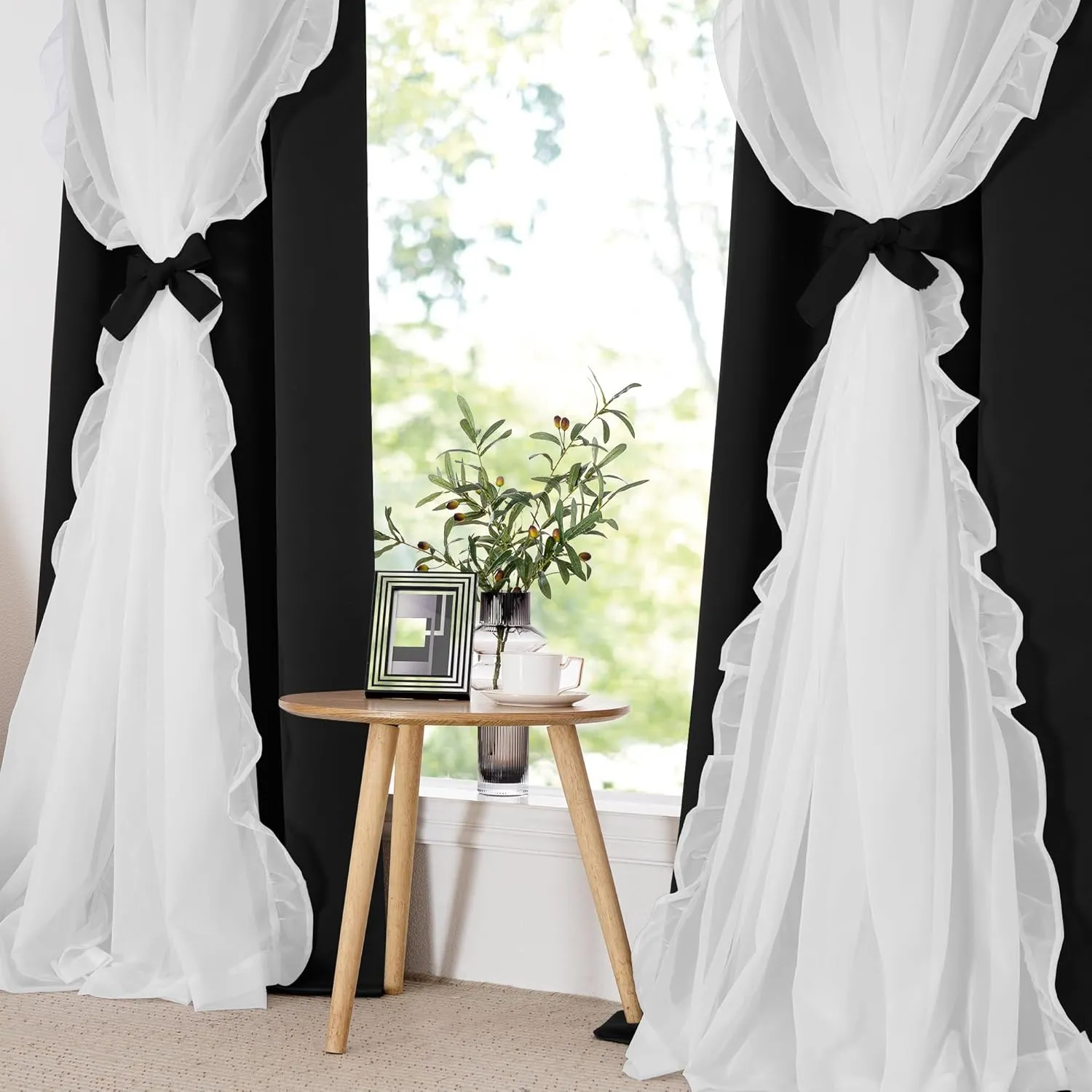 PONY DANCE Girls Curtains for Bedroom Decorative Drapes for Kids Double Layer Curtain Ruffle Sheer Overlay Room Darkening Pretty Chic Princess, 52x84 inch, Black, 2 PCs