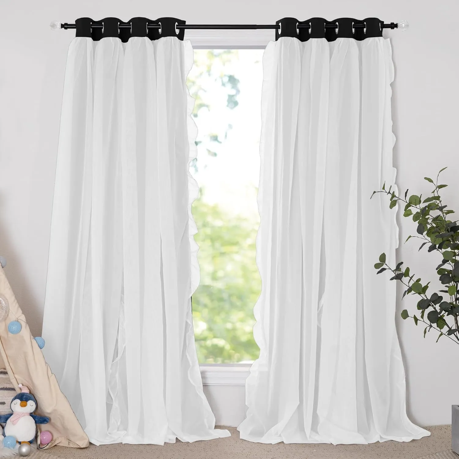 PONY DANCE Girls Curtains for Bedroom Decorative Drapes for Kids Double Layer Curtain Ruffle Sheer Overlay Room Darkening Pretty Chic Princess, 52x84 inch, Black, 2 PCs