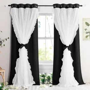 PONY DANCE Girls Curtains for Bedroom Decorative Drapes for Kids Double Layer Curtain Ruffle Sheer Overlay Room Darkening Pretty Chic Princess, 52x84 inch, Black, 2 PCs