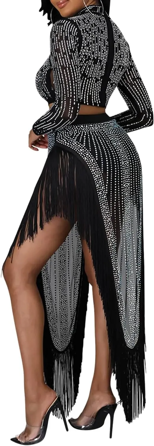 PORRCEY Women Sexy Rhinestone Long Sleeve Mesh See Through Party Club Night Formal Evening Dress
