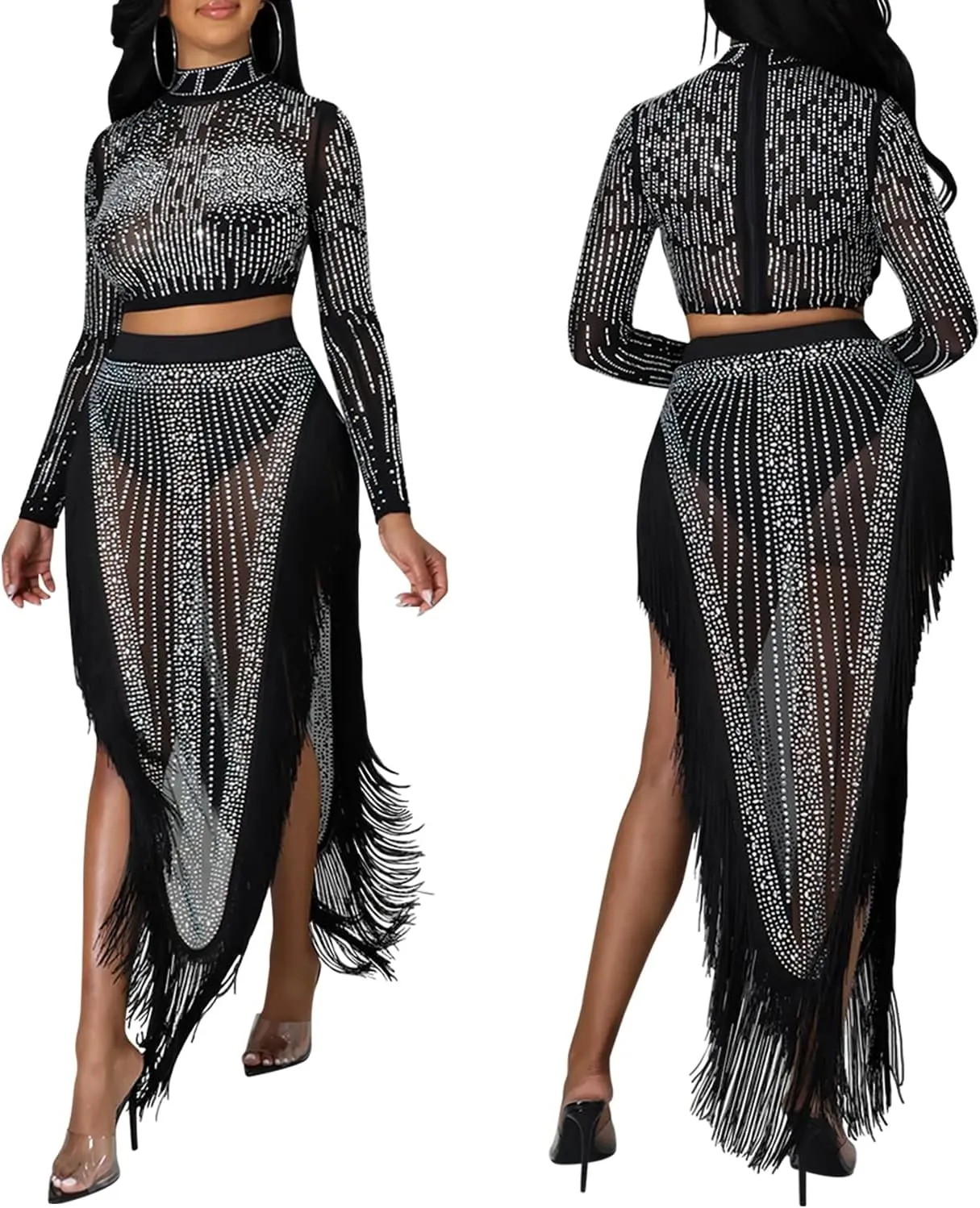 PORRCEY Women Sexy Rhinestone Long Sleeve Mesh See Through Party Club Night Formal Evening Dress