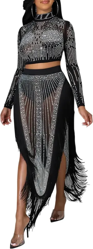 PORRCEY Women Sexy Rhinestone Long Sleeve Mesh See Through Party Club Night Formal Evening Dress