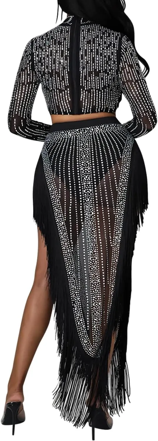 PORRCEY Women Sexy Rhinestone Long Sleeve Mesh See Through Party Club Night Formal Evening Dress