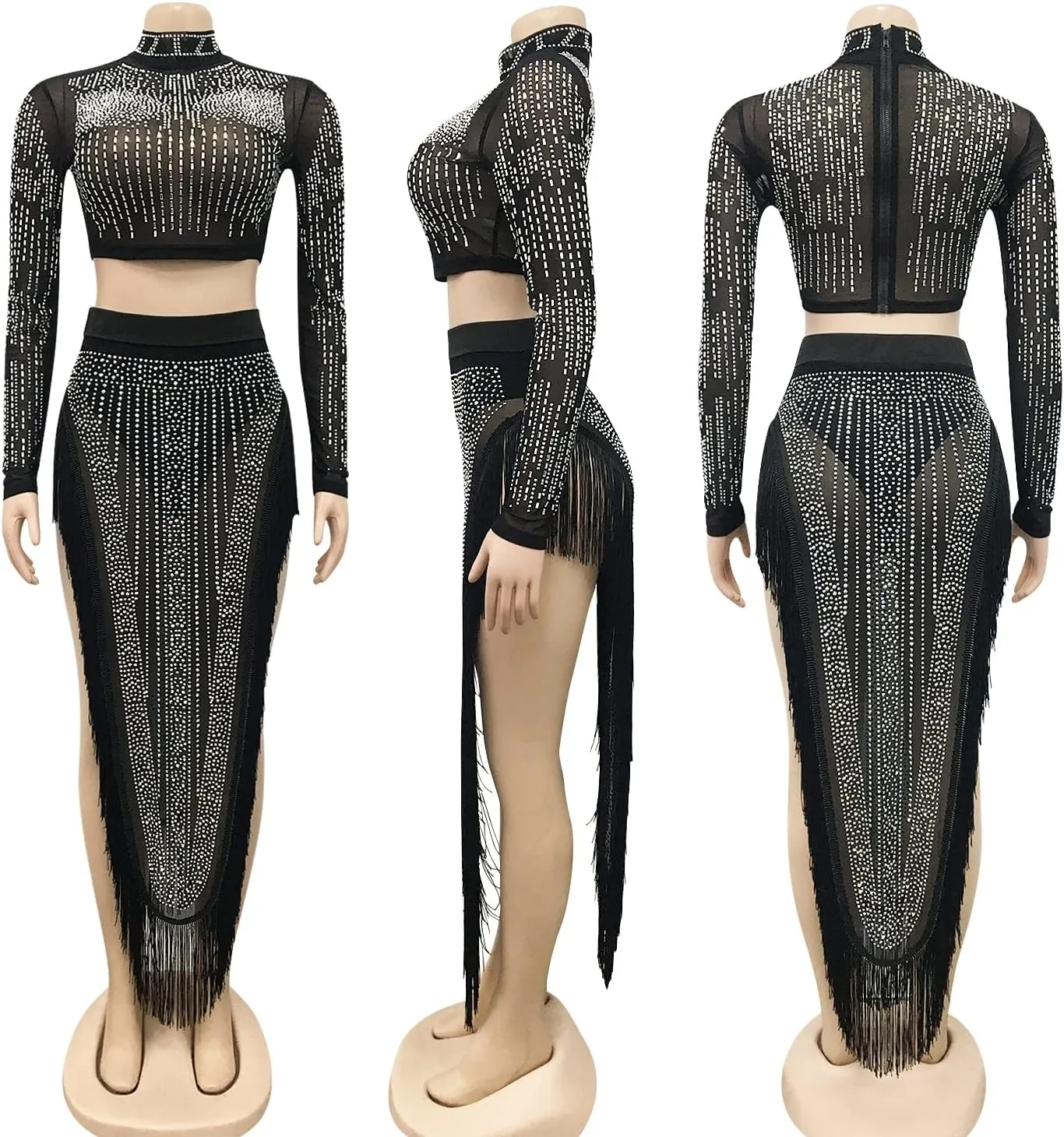 PORRCEY Women Sexy Rhinestone Long Sleeve Mesh See Through Party Club Night Formal Evening Dress